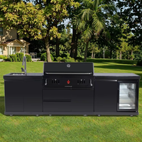 Barbecue d'extérieur moderne de luxe au charbon de bois avec réfrigérateur, armoire, évier, en acier inoxydable noir, emballage en boîte en bois souple