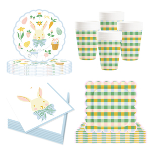 DAMAI - Artículos para Fiestas de Pascua, Plato a Cuadros Colorido con Diseño de Conejito de Pascua, Juego de Vajilla Desechable para Fiestas, Servilletas de Papel, Vasos, Platos - Product Image 4