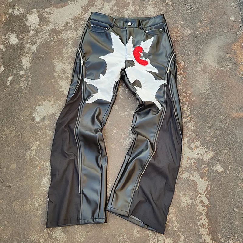 YYSY Custom Logo Hip Hop stile Patchwork pantaloni all'ingrosso Applique Applique Patch pantaloni di pelle uomo