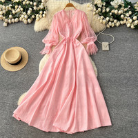 Robe décontractée élégante pour femme WIWT, bleu clair, avec empiècements en dentelle, col en V, manches longues bouffantes, coupe trapèze, avec ceinture à nouer, idéale pour le quotidien et les vacances