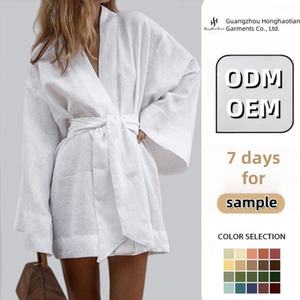 Özel Tasarım Kadın V Yaka Kimono Hırka Mini Elbise Pamuklu Keten Uzun Kollu Kuşaklı Elbiseler Bornoz Tarzı Bağcıklı Yazlık Bol Elbise - Product Image 2