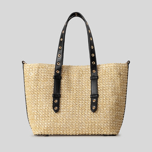 <span class=keywords><strong>Borsa</strong></span> Tote da Donna in Paglia Intrecciata Fatta a Mano, Stile Retrò Francese con Rivetti e Dettagli in Pelle, Grande Capacità, Ideale per Vacanze Estive al Mare, Minimalista - Product Image 5