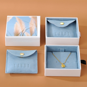 Bolsa de Joyería de Terciopelo con Logotipo Personalizado de Fábrica, Caja de Regalo de Joyería con Cajón de Cartón y Cinta Azul, con Almohadilla Interior para Collar y Anillo - Product Image 3