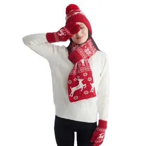 2024 Cheap red christmas Knit scarf hat beanie sets for students and girls with pompom