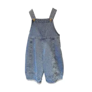 Ivy83717A 2024 Spring Autumn baby clothes new arrival Korean kids loose denim suspender trousers sweet jeans overalls pants