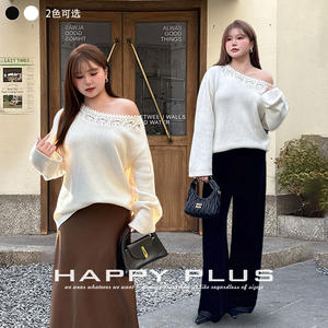 Suéter de Punto con Hombros Descubiertos para Mujer Talla Grande, Detalle de Encaje Blanco Flor de Pera, Fibra Acrílica, Grosor Medio - Product Image 3