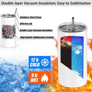 Gobelets isothermes en acier inoxydable à double paroi sous vide, fins et minces, de 12 oz, vierges pour sublimation, en gros, pour enfants avec paille - Product Image 4