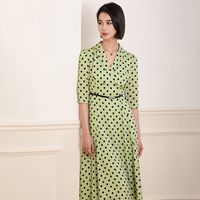 Robe midi respirante à imprimé numérique pour femmes, col tailleur, à pois, élégante, manches trois-quarts, pour tous les jours