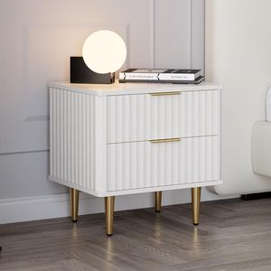 Mesita de noche blanca moderna con 2 cajones, mesita de noche con patas de <span class=keywords><strong>metal</strong></span> dorado para dormitorio, sala de estar - Product Image 3