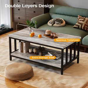 Table basse SENYU Nu-Deco Grey Wash style ferme moderne pour salon avec cadre latéral à lattes et étagère de rangement à 2 niveaux - Product Image 1