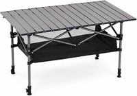 Table de camping pliante portable, hauteur réglable, beige, 37x21, plateau en acier carbone enroulable, pieds indépendants pleine longueur