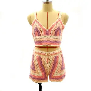 독특한 패션 섹시한 컬러 코튼 크로 셰 뜨개질 수제 레이스 조끼 세트 디자인 자수 스웨터