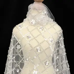 Pháp Trắng Fancy Bridal Crystal Sequins Nặng Beaded Luxury Ren Vật Liệu Guipure Thêu Vải Tuyn Lưới