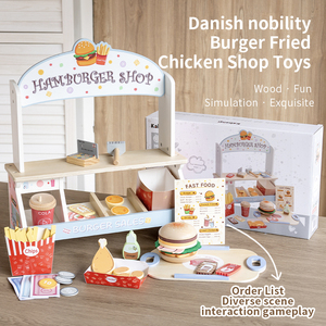 Ensemble de <span class=keywords><strong>jeu</strong></span> de cuisine en bois pour enfants, <span class=keywords><strong>jeu</strong></span> d'imitation pour filles, boutique de restauration rapide danoise, jouet pour enfants, boutique de hamburgers et de poulet frit - Product Image 2