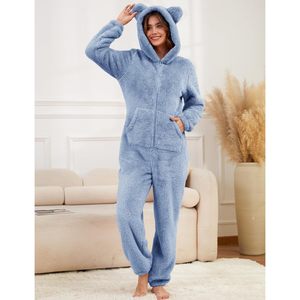 Womens Fleece Onesie Pajamas With <b>Teddy</b> Ears Zipper Hooded Long Sleeve Cozy Sleepwear Winter Warm Fuzzy One Piece Romper - Product Image 2