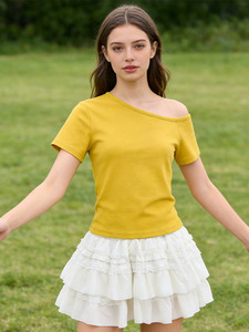 Nouveau T-<span class=keywords><strong>shirt</strong></span> court pour <span class=keywords><strong>femme</strong></span> 230g, doux et sensuel, à épaules dénudées et découpes aux épaules, coupe ajustée, extensible, sexy, personnalisable, idéal pour l'été - Product Image 4