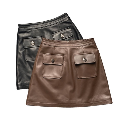 3309 Hot Sale Fashion Beauty Short Mini Skirts Pocket Zipper Short Black Real Leather Skirt for Women 2025