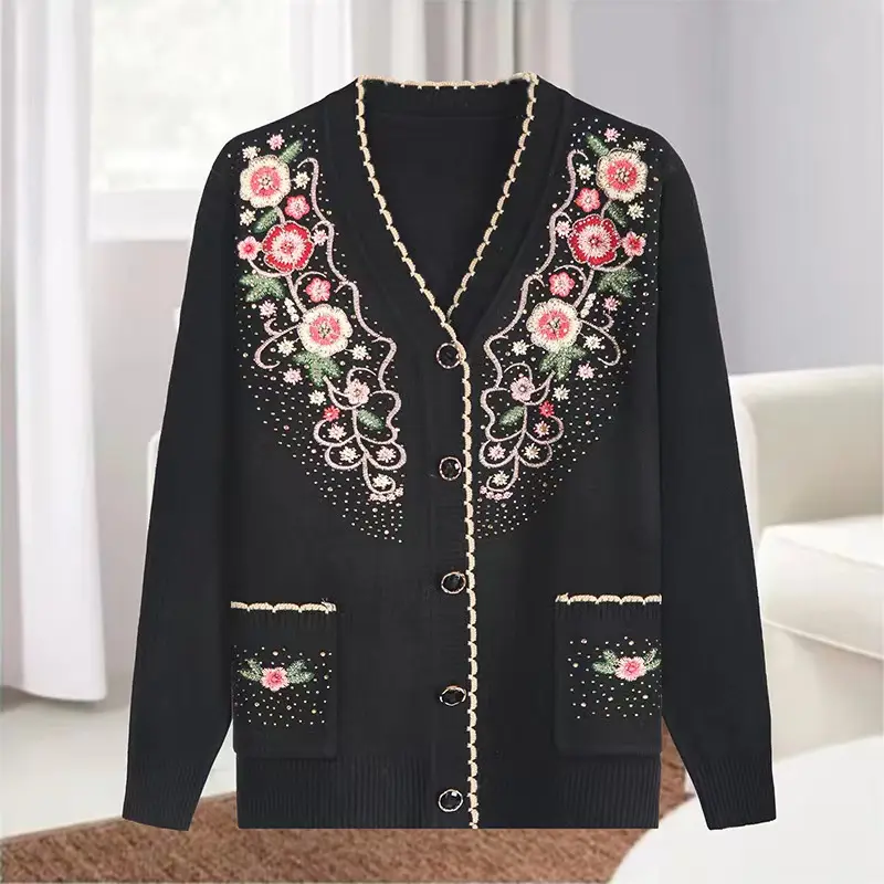 Huachao Hot Apparel V Neck Knit Women Sweater Embroidery Sequined Cardigan Long Sleeves Knit Sweater Of Women