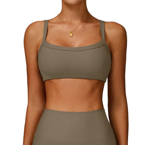 Soutien-gorge de yoga côtelé Disko Sport, bonnet moulé moyen, bonnet intégral, tailles S-M-L-XL, haut de gamme, noir, bleu marine, abricot laiteux, marron clair, en nylon et élasthanne - Product Image 2