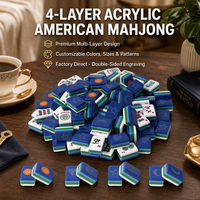 Mahjong américain personnalisé en acrylique bleu à 4 couches, gravé des deux côtés/impression UV, taille/couleur/motif personnalisés, + accessoires pour jeux et cadeaux