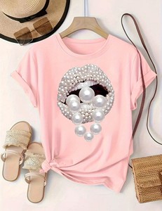 Camiseta de <span class=keywords><strong>mujer</strong></span> de moda con estampado artístico de labios, estilo artístico, talla grande, de verano, manga corta, informal, venta al por mayor - Product Image 3