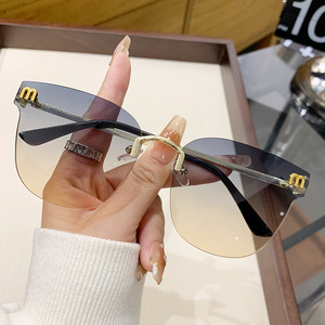 Women Metal Frameless <b>Sunglasses</b> With M Logo <b>Gradient</b> Lens UV400 For Driving Outings Cycling Parties - Product Image 1