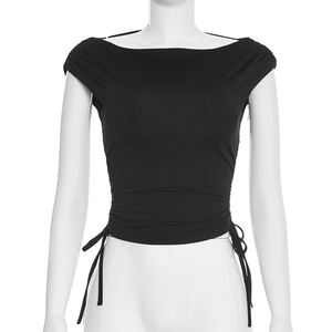 Viviblook Y26TP013 T-shirt décontracté à manches courtes pour femme, nouvelle collection printemps-été, coupe épaules dénudées, dos nu réglable, pour dames - Product Image 1