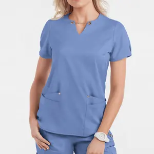 Nữ Đồng Bằng Rắn Spandex Stretch Shirt Trang Phục Lâm Sàng Dược Sĩ Nhi Khoa Đồng Phục Phẫu Thuật Điều Dưỡng Scrub Top