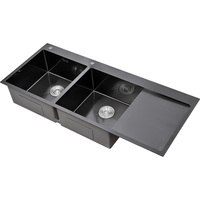 Évier de cuisine rectangulaire noir nano double cuve avec égouttoir, fait main, brossé, à encastrer, anti-salissure, épaissi