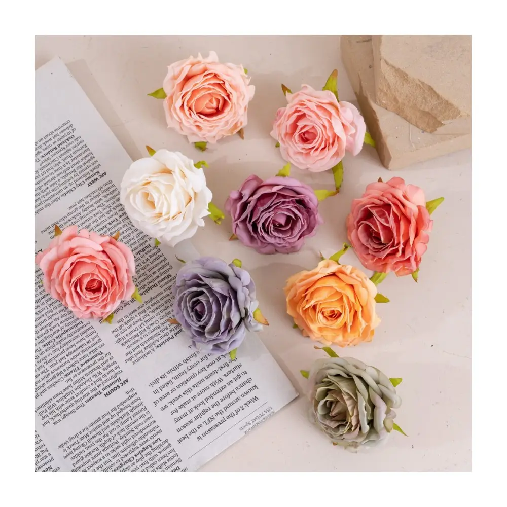 E- Wholesale custom 7.5cm flower head wedding backdrop flower ball accessories artificial rose head for cake decoration