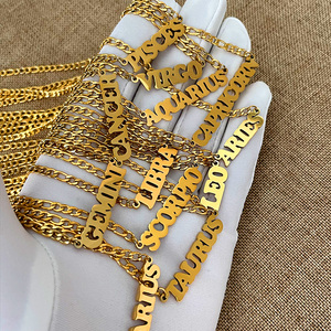 Cadena cubana <span class=keywords><strong>de</strong></span> acero inoxidable, Collar chapado en oro del zodiaco, estilo hip hop - Product Image 4