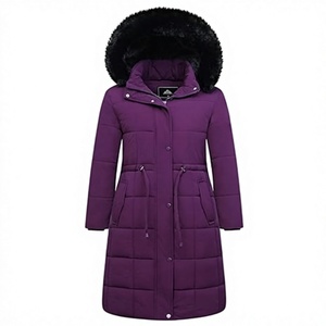Abrigo Largo Acolchado de Invierno para Mujer con Capucha de Piel, Cierre de Botones, Morado, Grueso, Cálido, Manga Larga, Color Sólido - Product Image 1