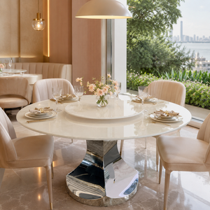 Table à manger personnalisée, plateau rond, style moderne, villa, 8 places, pieds en métal, meubles en pierre, luxe, marbre blanc jade royal - Product Image 4