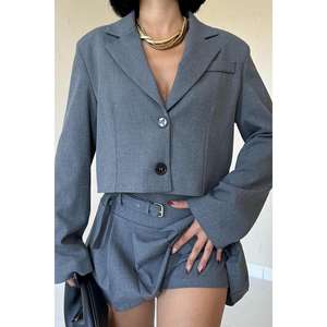 Conjunto de Chaqueta Bomber y Falda Plisada para Mujer en Gris, Manga Larga, Tela de Lana, Estilo Minimalista Normcore, Transpirable - Product Image 2