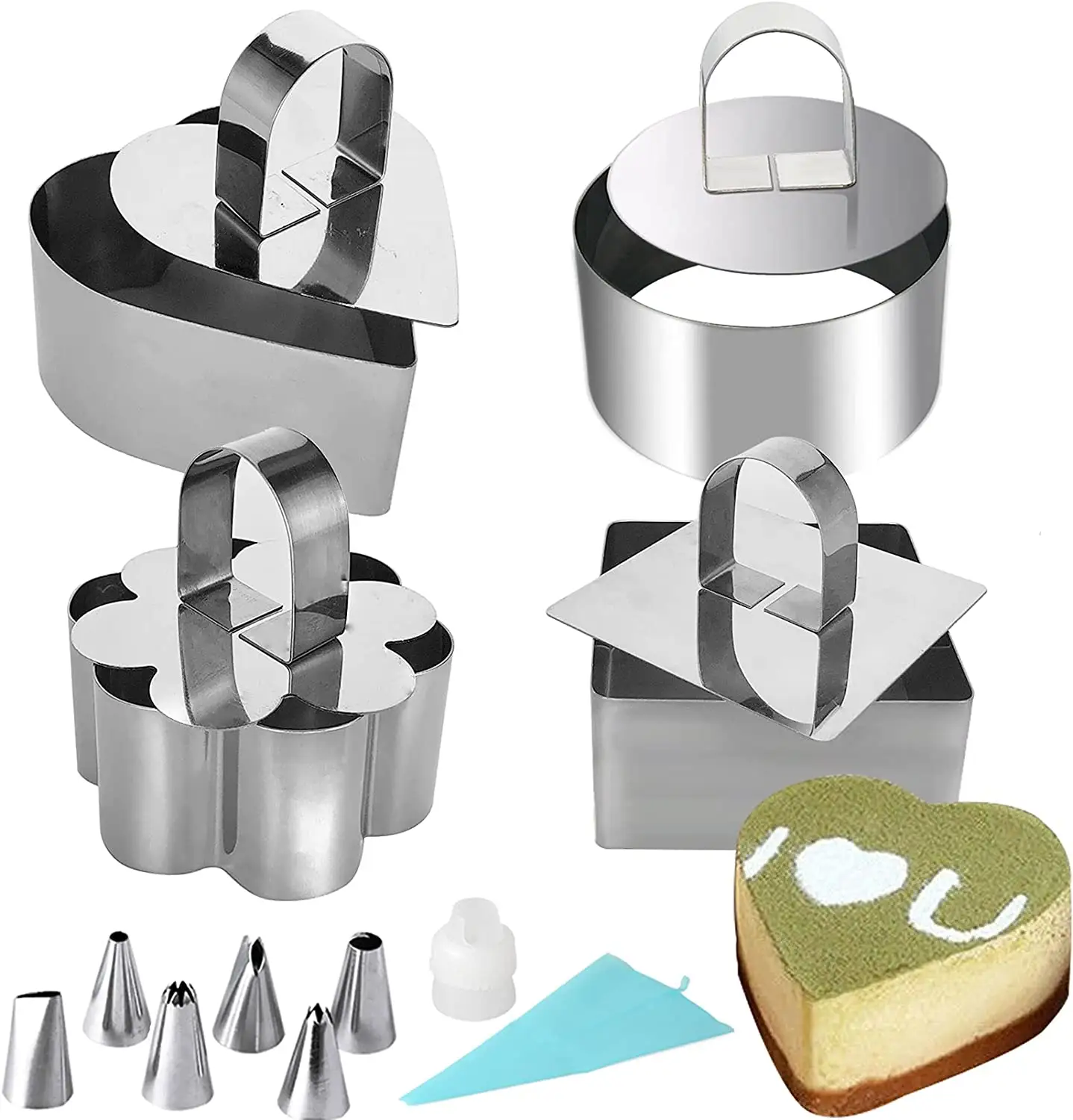 Stampo per anello per torta di Mousse 4 pezzi Mini anelli per pasticceria da forno in acciaio inossidabile per insalata di Dessert al formaggio con Pusher