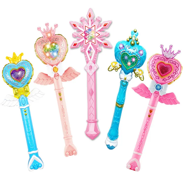 Children Girls Love Heart Snowflake Light Up Toy Gift Princess Projection Light Music Magic Stick