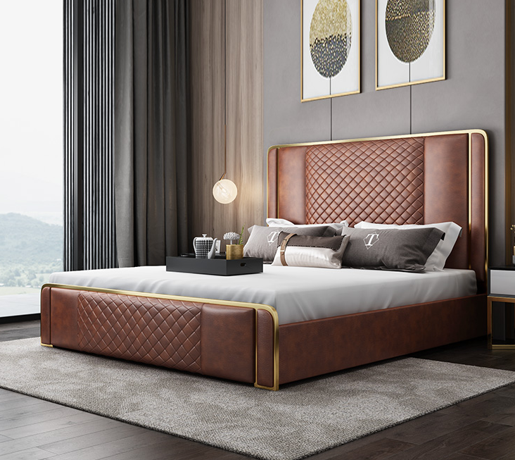 Plate-forme moderne lits en métal chambre meubles ensemble en bois avec rangement caché