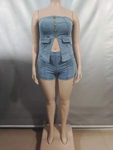 GX50712 时尚性感套装 2025 夏季优雅街头服饰女式无袖牛仔上衣和牛仔短裤 2 件套 - Product Image 2