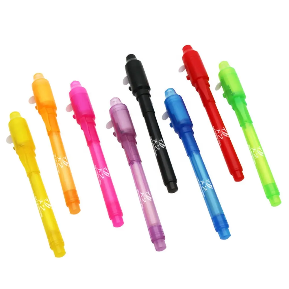 Creative 8 colors built-in UV light magic secret spy marker pen with invisible ink for kid gift and security marking