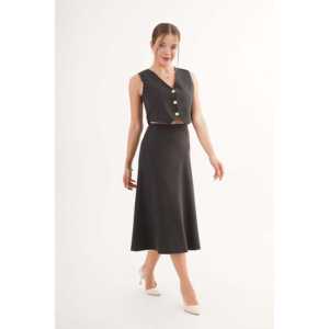 Conjunto de Falda y Chaleco de Gamuza Negra Premium al por Mayor, Traje de Oficina de 2 Piezas para Mujer, para Verano, Largo por Encima de la Rodilla - Product Image 5