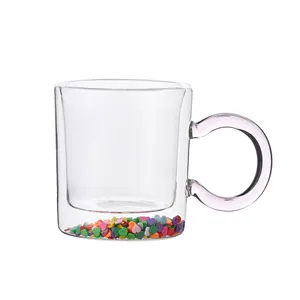 Double Wall Clear Glass Double Layer Drinking Mug Coffee Rainbow Confetti Hearts Cute Bobo Love With Clear Handle