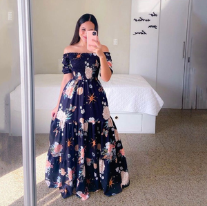 Abito lungo Sexy da 2023 donna di alta qualità estivo con spalle scoperte e taglie forti con stampa floreale <span class=keywords><strong>Maxi</strong></span> abito Boho da spiaggia - Product Image 1