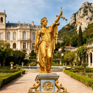 Estatua de la Diosa de la Justicia de Bronce Dorado de Tamaño Real para Exteriores, Decoración Temática Legal para Plazas de Justicia, Edificios Gubernamentales - Product Image 1