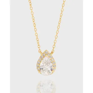 S925 Sterling Silver Water Drop Zircon Pendant Cross Chain Necklace Simple Fashion Design Gold Plated Fine Jewelry for Women