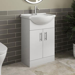 Meuble-lavabo autoportant blanc moderne avec vasque <span class=keywords><strong>en</strong></span> céramique incurvée intégrée, armoire de rangement à double porte pour petite salle de bain - Product Image 1