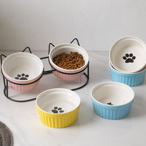 Ensemble de bols pour nourriture pour chats en céramique rose avec motif de poisson et de patte pour chats et petits chiens - Product Image 4