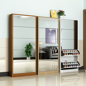 Maison moderne en bois avec miroir économiseur d'espace mince armoire à chaussures simple étagère à chaussures avec portes en verre - Product Image 1