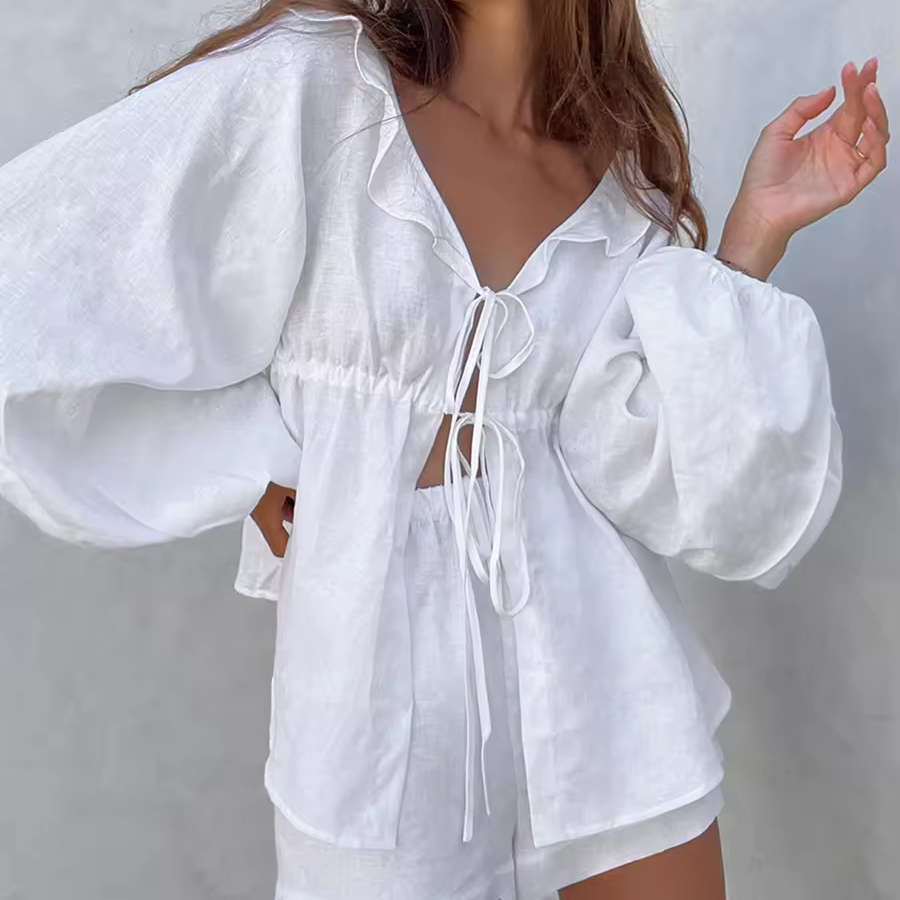 Châu Âu Hoa Kỳ Mùa Hè Mới Trang Phục Chính Thức Áo Khoác Quần Short Set Cotton Linen Trắng Đèn Lồng Tay Áo V Mô Hình Sọc Vải Hai Bộ