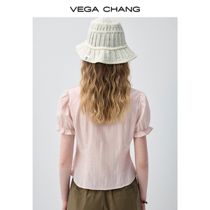 Chemisier rose clair à manches bouffantes VEGA CHANG pour femme, col en V avec cordon de serrage, chemise décontractée, vente en gros - Product Image 6