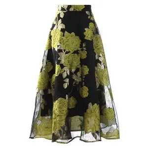 OUDINA 2022SS Fashion Yarn Flower Casual A-type Midi Long Skirt Fluffy Elegant Vintage Skirts